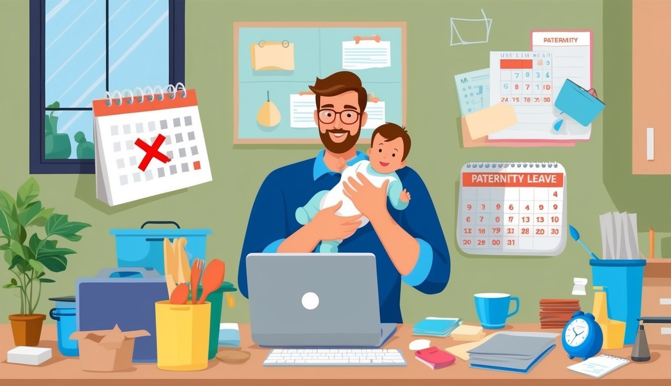 A father holding a baby while working from home, surrounded by household chores and a calendar with no paternity leave marked