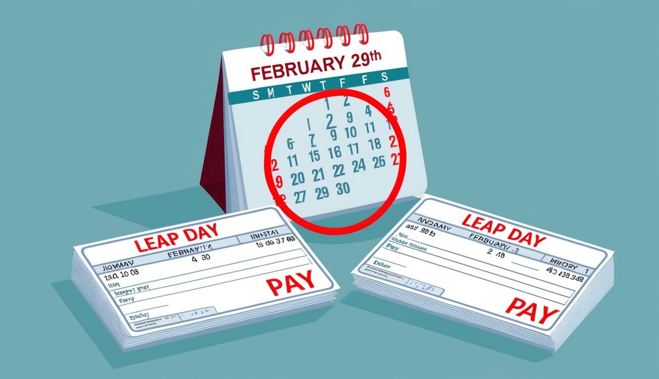 An office calendar with a red circle around February 29th.</p><p>Paycheck stubs with "Leap Day Pay" written on them