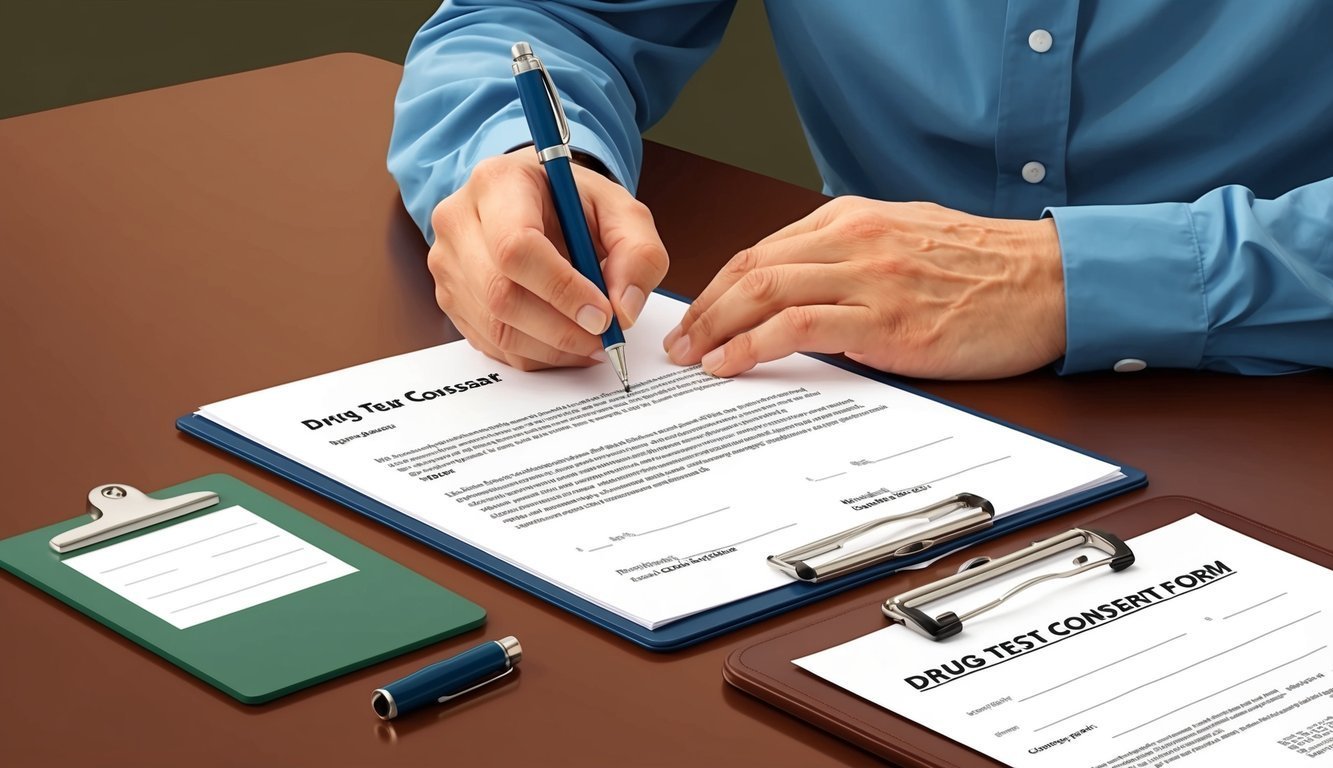 Person signing a "Drug Test Consent" form with a blue pen