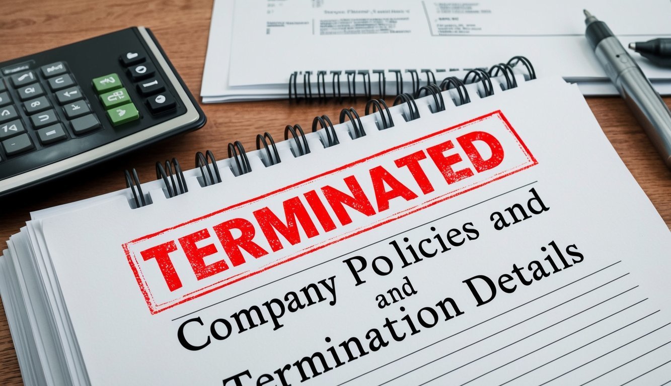 A stack of papers labeled "Company Policies and Termination Details" with a red stamp that reads "Terminated" on top