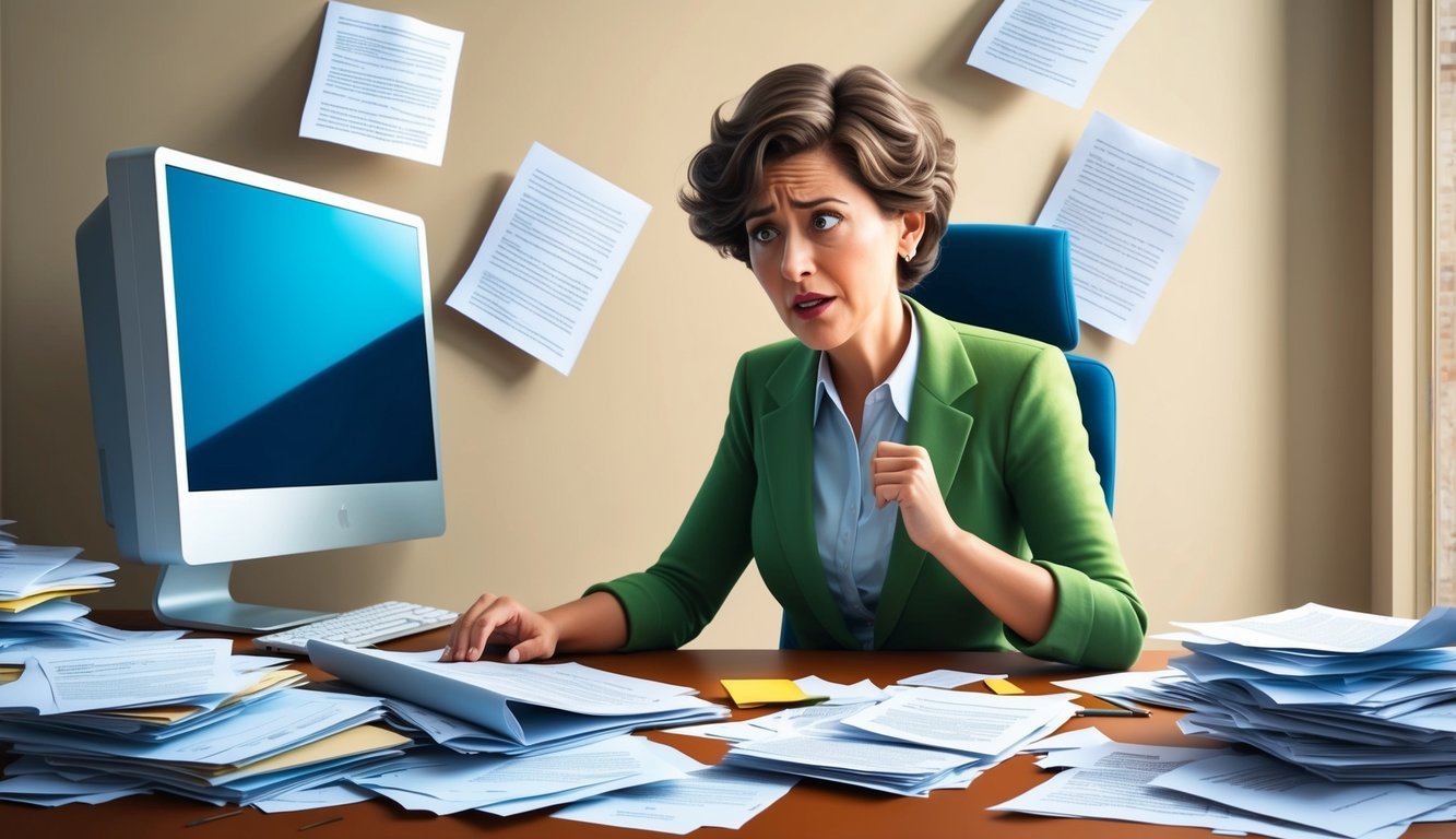 A person sitting at a desk, surrounded by scattered papers and a computer, with a look of frustration and concern on their face