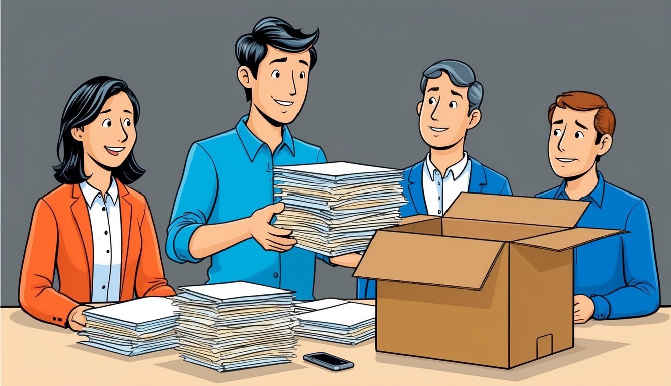 A person packing up their desk with a stack of papers and a cardboard box, while colleagues look on with sympathetic expressions