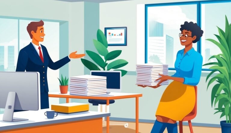 Two office workers, one offering, one holding stacks of papers