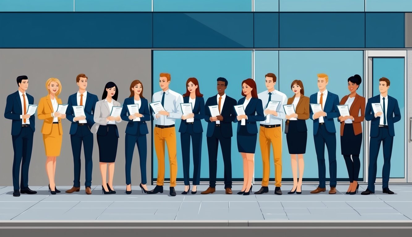 A line of eager job seekers waiting outside a modern office building, each holding a resume and dressed in professional attire