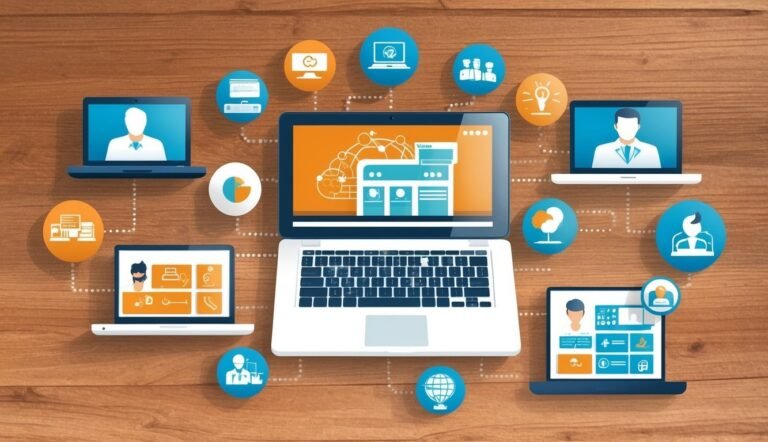 Laptops and icons representing online business and communication on wood background