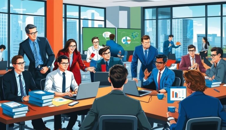 Business meeting in an office with people around a table, using laptops