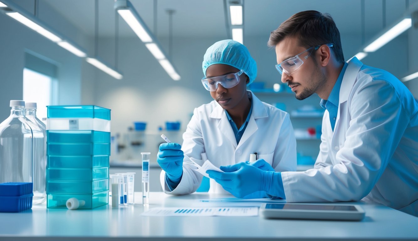 A lab technician analyzing drug test results in a sterile, well-lit laboratory setting