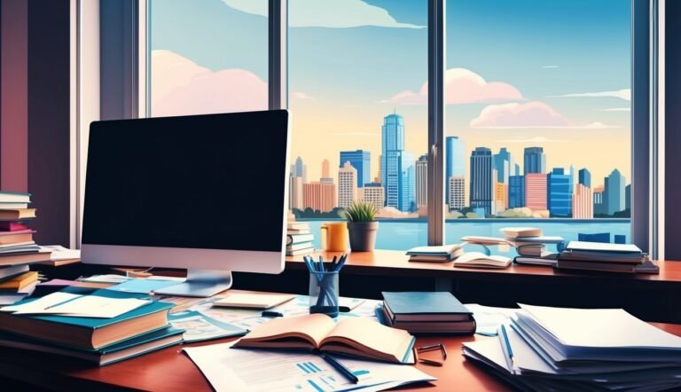 Desk with computer, books, and city view through a window