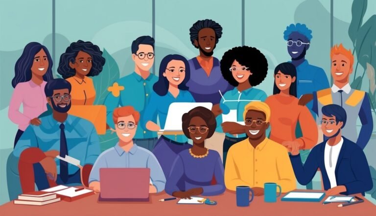 Diverse group of smiling people gathered around a table with laptops and papers