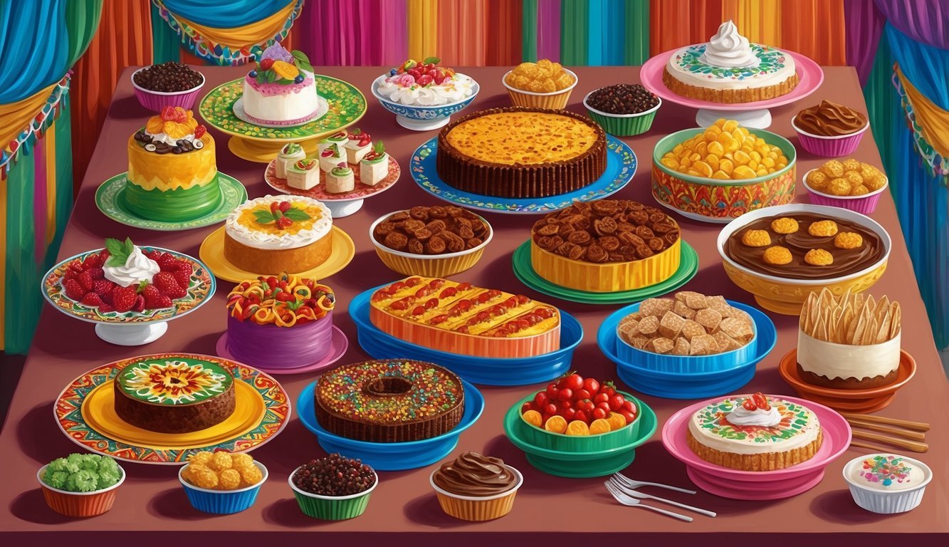 A colorful spread of Mexican desserts and sweet treats arranged on a table for a crowd