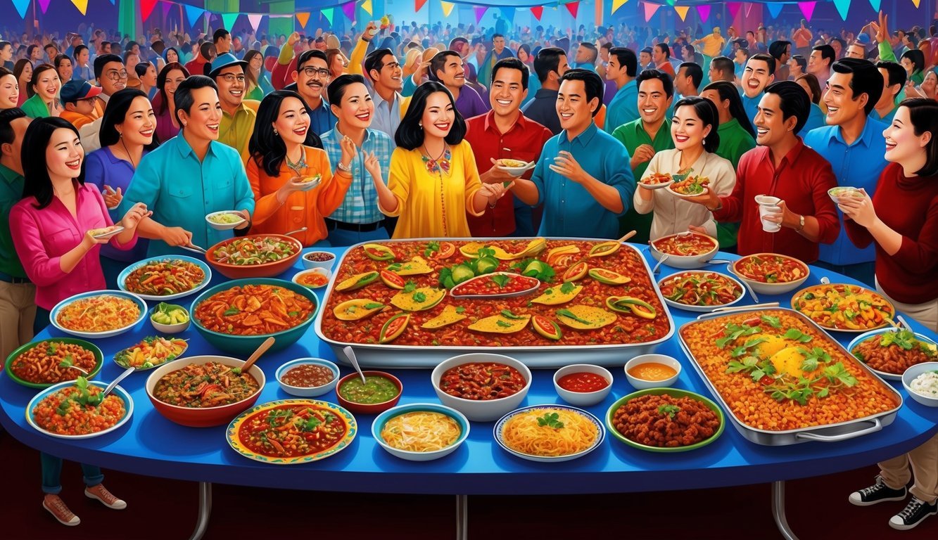 A colorful spread of Mexican dishes on a large table, surrounded by a lively crowd of people enjoying the food