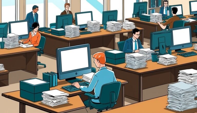 Office scene with people working at desks with computers and paperwork