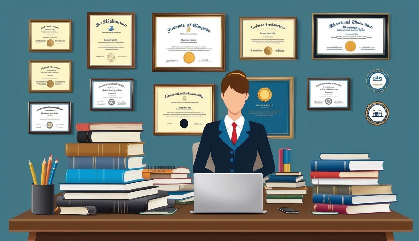 A desk cluttered with books, a laptop, and a diploma.</p><p>A wall adorned with framed certificates and degrees.</p><p>A person in a professional outfit working at the desk