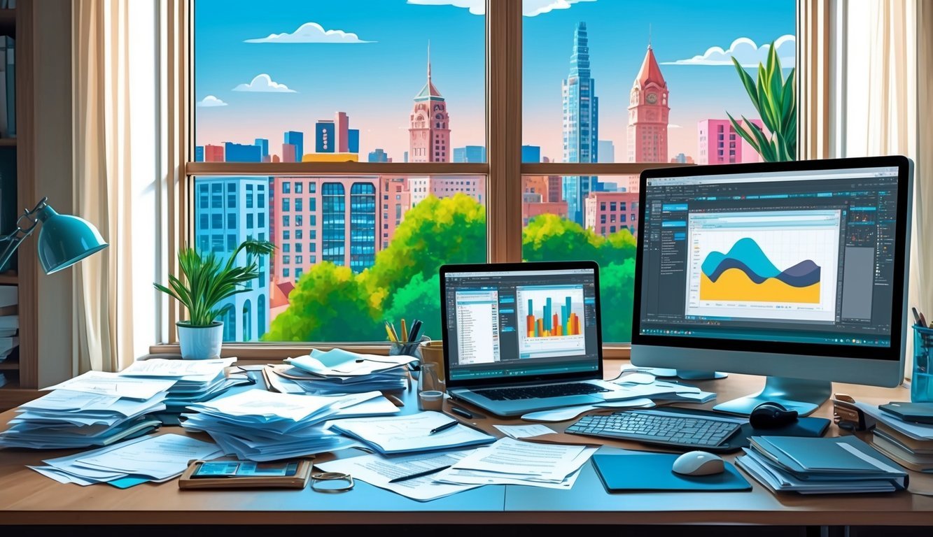 An office desk cluttered with papers, a computer, and editing software.</p><p>A cityscape visible through a window