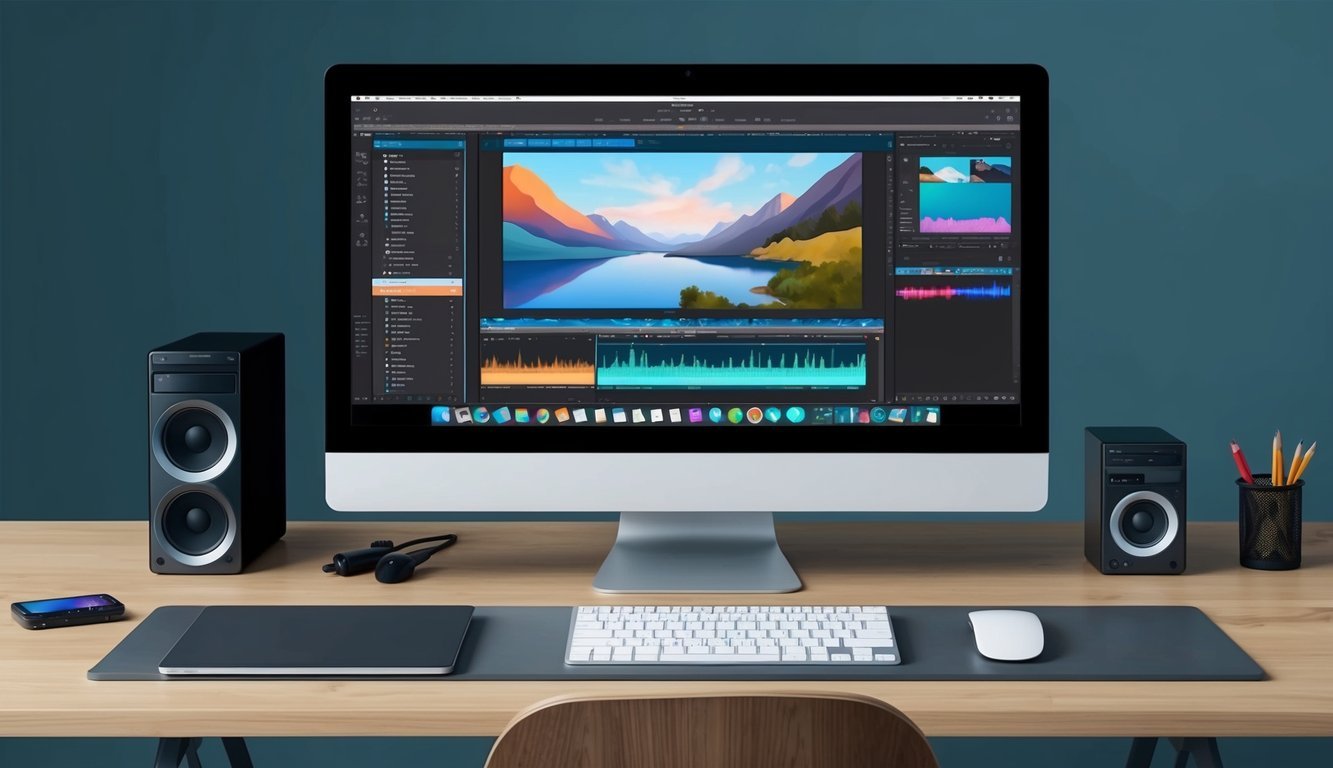 A modern editing workspace with computer, monitor, keyboard, mouse, and editing software open on the screen