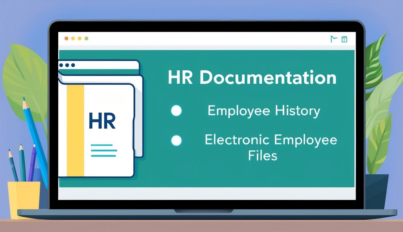 A computer screen showing a digital folder labeled "HR Documentation" with subfolders for "Employee History" and "Electronic employee files."