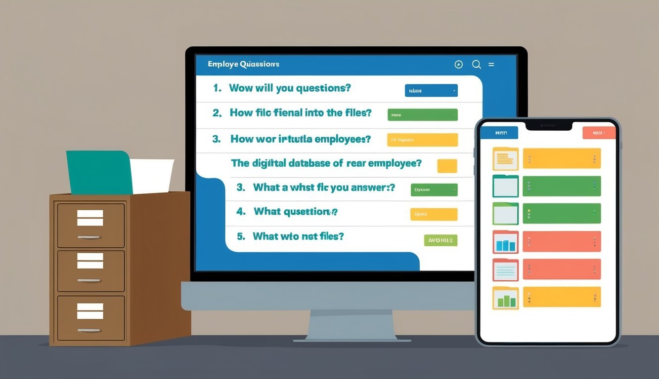 A computer screen with a list of questions and answers, a filing cabinet, and a digital database of employee files