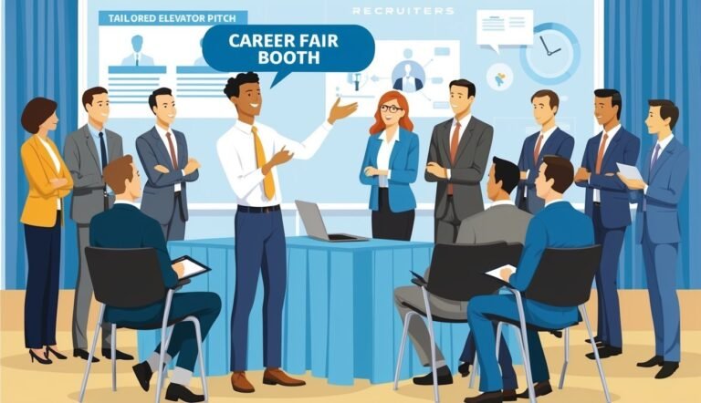 Career fair booth with a presenter and a group of recruiters