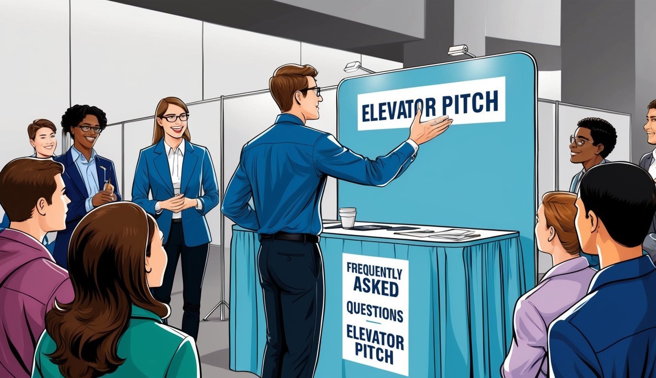 A person standing at a career fair booth, gesturing and speaking to a group of interested individuals.</p><p>The booth is adorned with a sign that reads "Frequently Asked Questions Elevator pitch."