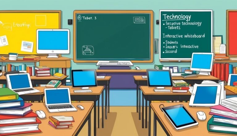 Classroom with desks, computers, tablets, books, and a chalkboard with technology notes