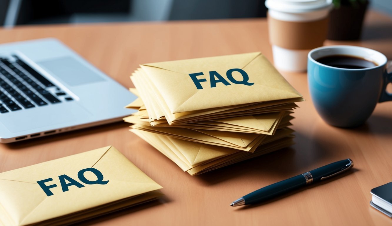 A stack of envelopes with "FAQ" on a desk, surrounded by a laptop, pen, and coffee cup