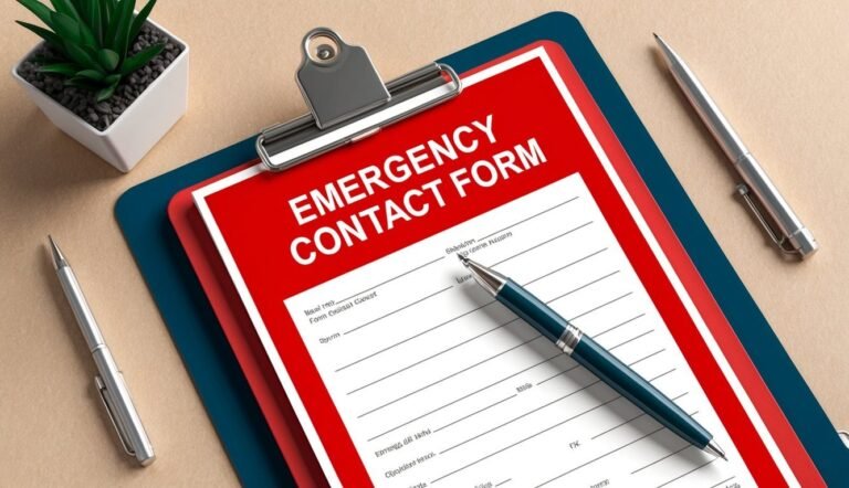 Emergency contact form on a clipboard with pens and a small plant