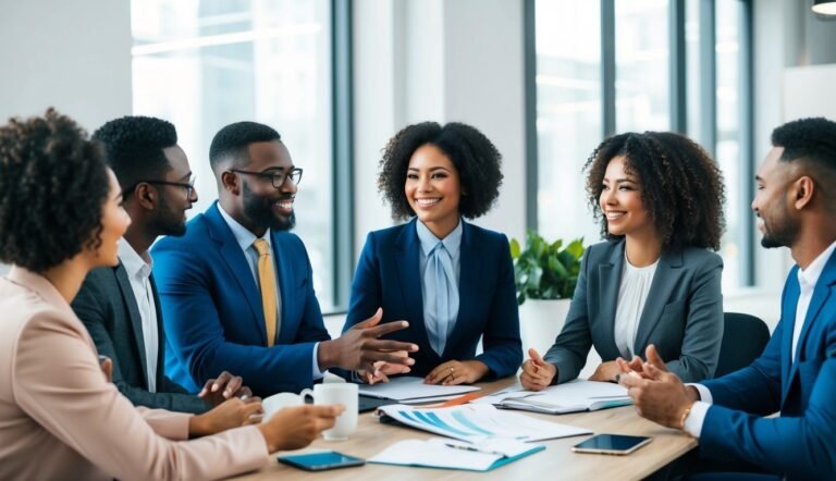 Diverse group of business professionals smiling and collaborating around a table