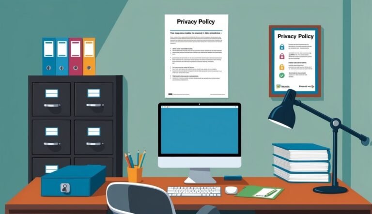 Office desk with computer, privacy policy documents, and file cabinet