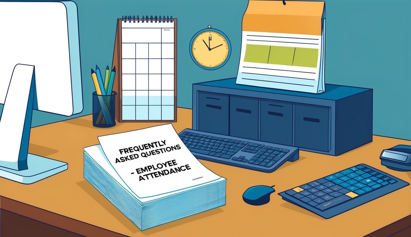 An office desk with a computer, calendar, and clock.</p><p>A stack of papers labeled "Frequently Asked Questions - Employee Attendance" sits on the desk