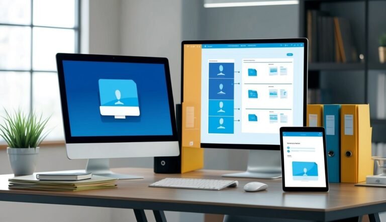 Desktop with two monitors, tablet, and office supplies on a desk