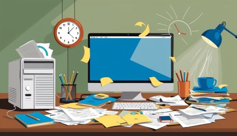 Messy desk with computer, papers, clock, and lamp, suggesting a busy work environment