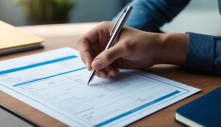 Person's hand writing on a form with a pen on a wooden desk