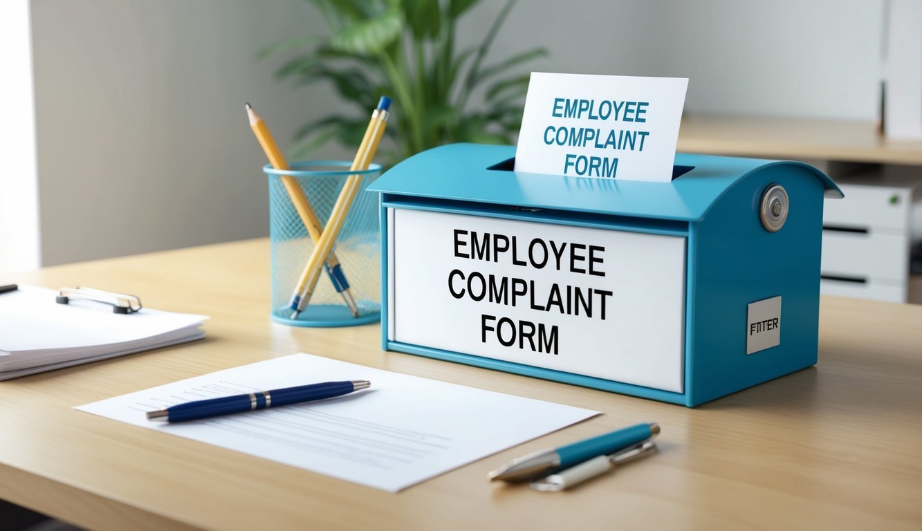 A desk with a pen, paper, and a mailbox labeled "Employee complaint form." A bright, organized office setting with a sense of safety and professionalism