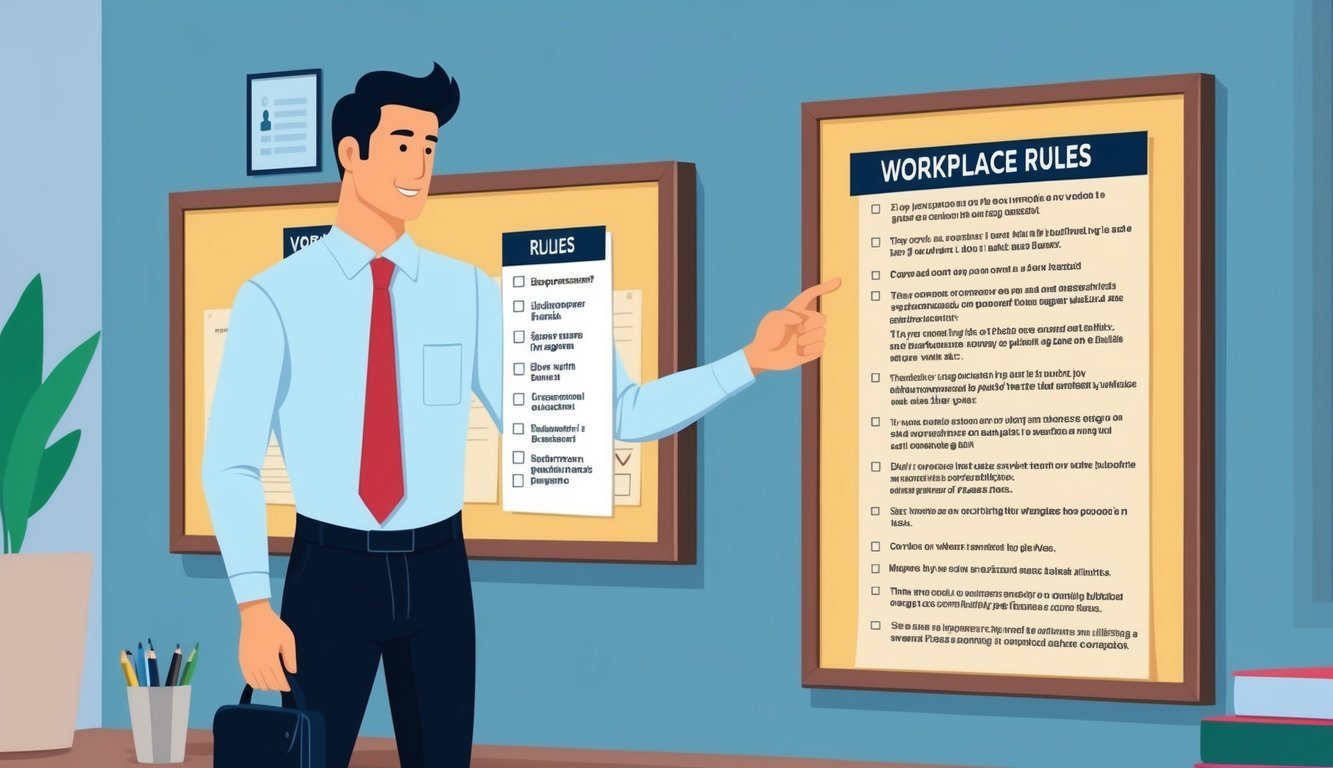 A manager pointing to a list of workplace rules on a bulletin board