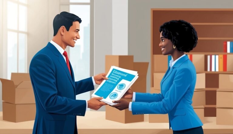 Man and woman in suits exchanging documents in an office setting