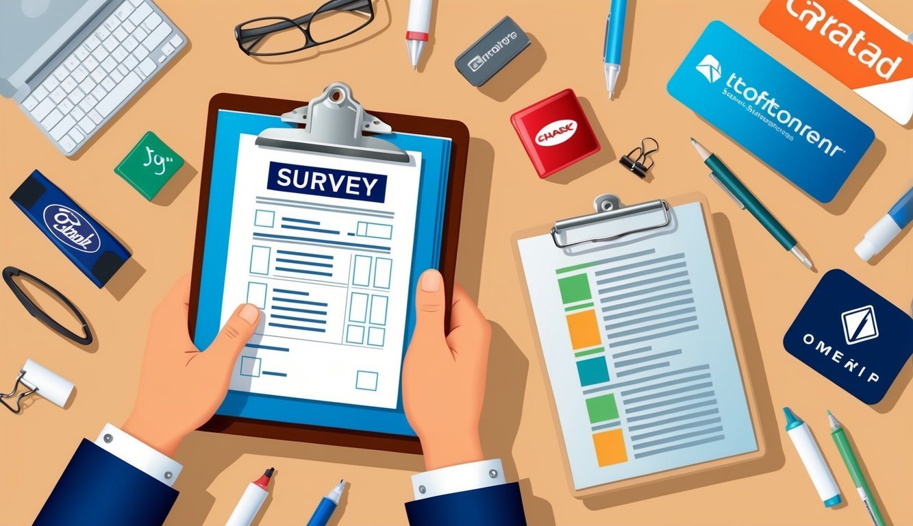 A hand holding a clipboard with a survey form, surrounded by various branded office supplies and company logos