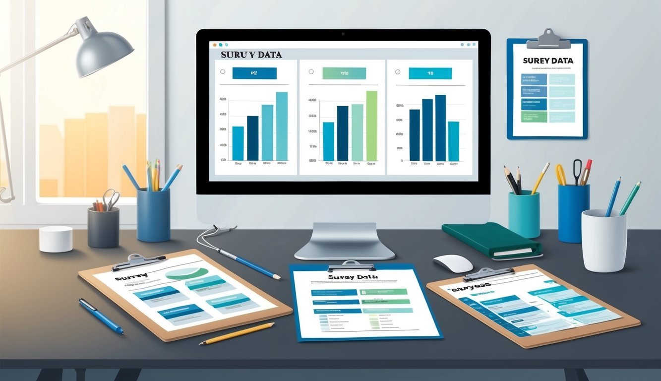 A desk with a computer displaying survey data charts, surrounded by office supplies and a clipboard with printed survey templates