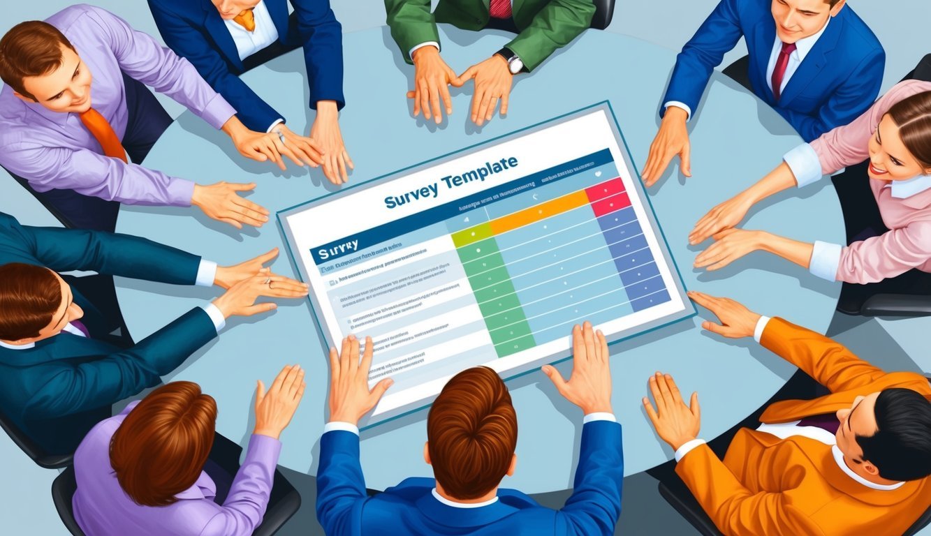 Employees gathered around a survey template, expressing engagement and satisfaction through body language and facial expressions