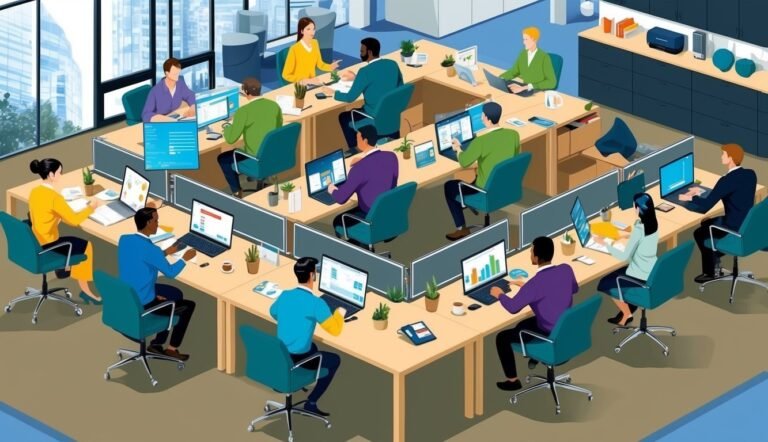 People working on computers in a modern office setting