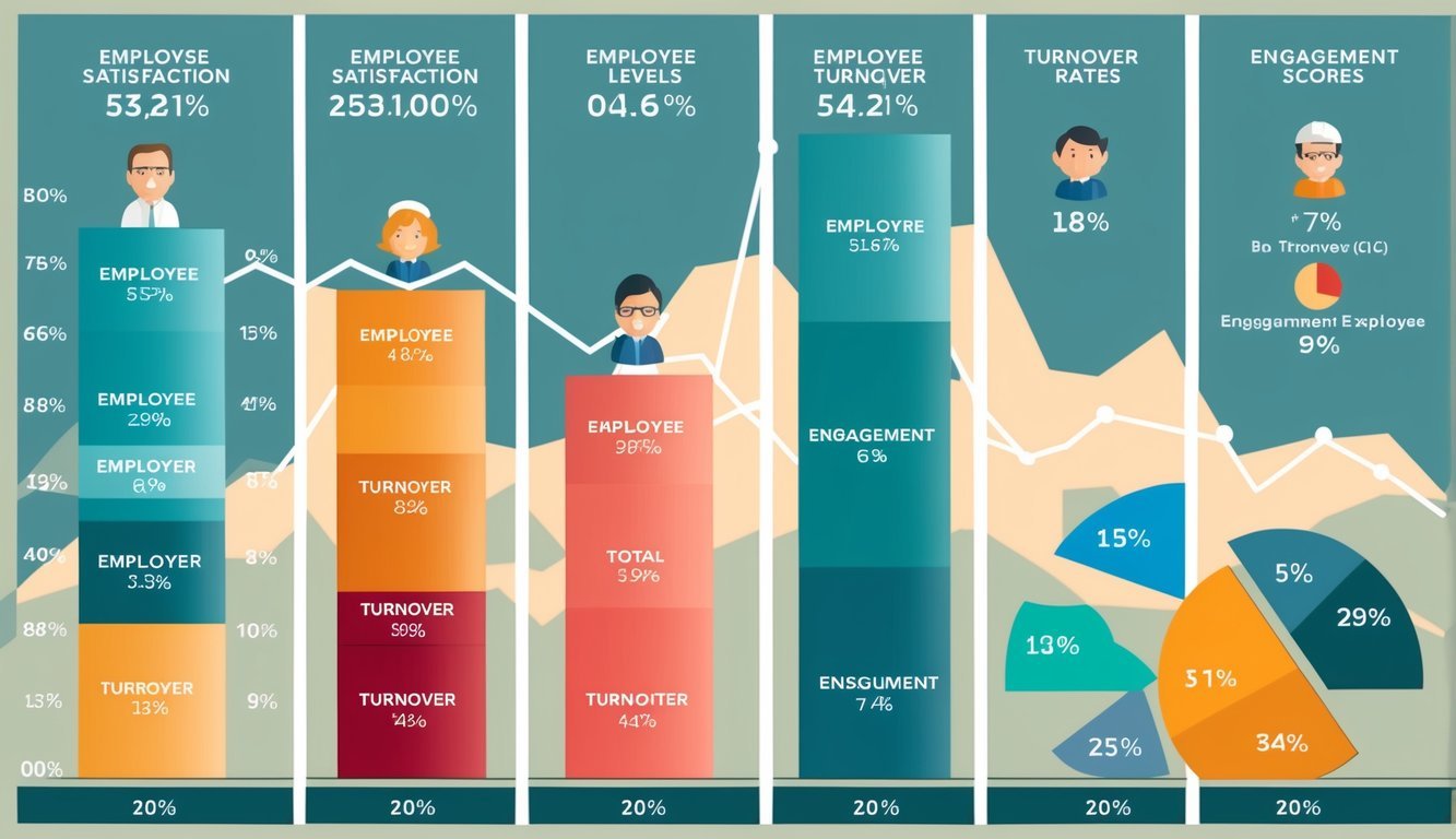 A series of charts and graphs displaying employee satisfaction levels, turnover rates, and engagement scores