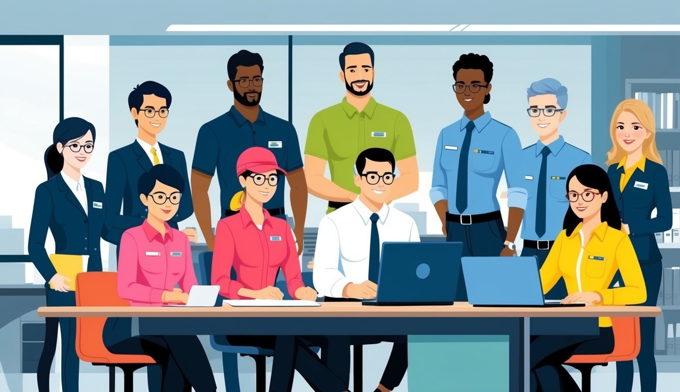 A group of employees of different ages and genders working together in an office setting, with some employees wearing uniforms or specific attire based on their job roles