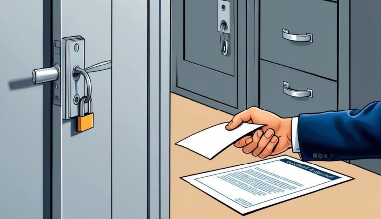 Locked door, document, and hand offering a blank paper in an office