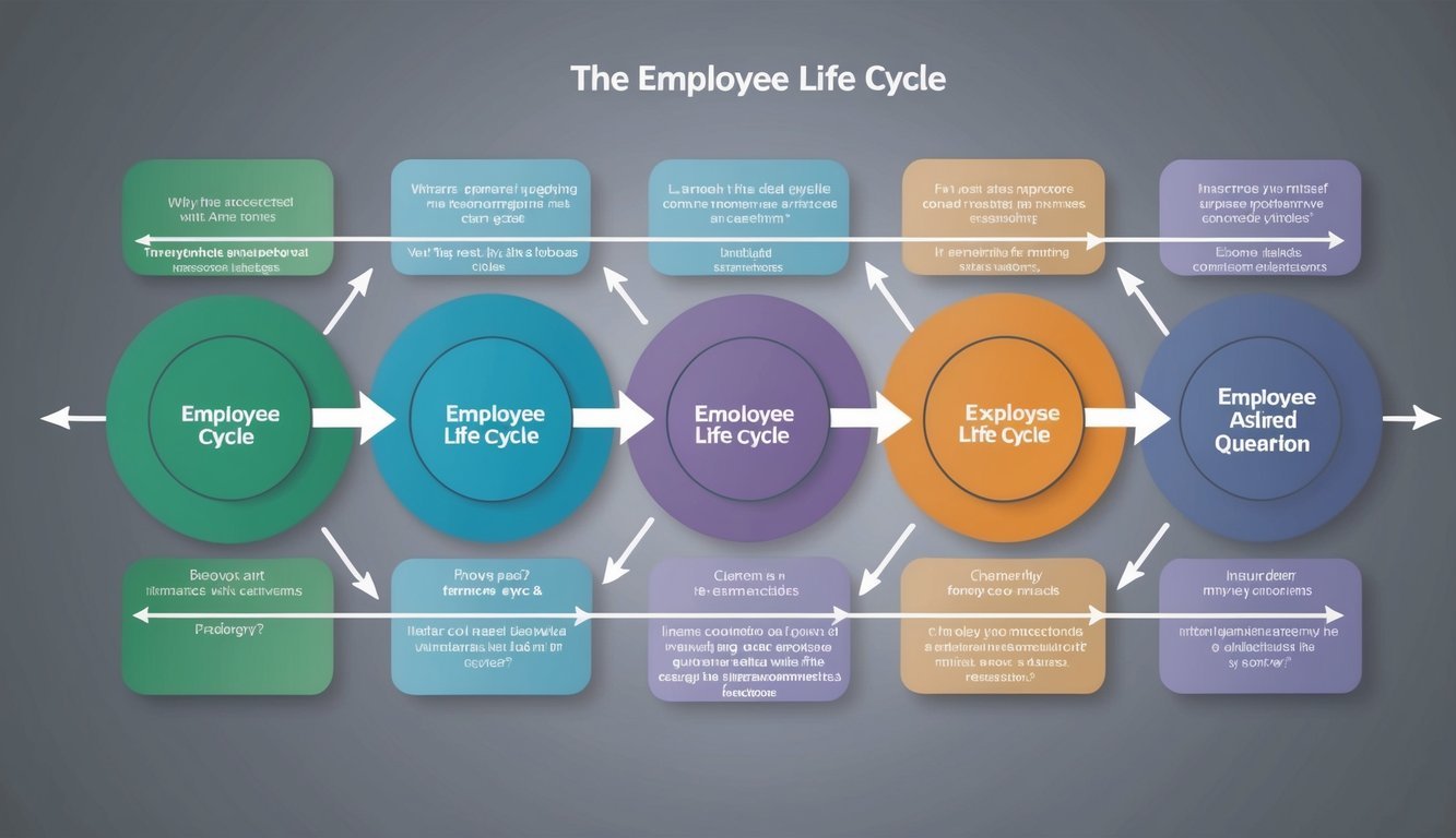 A series of interconnected circles representing the employee life cycle, with arrows and labels indicating different stages and frequently asked questions