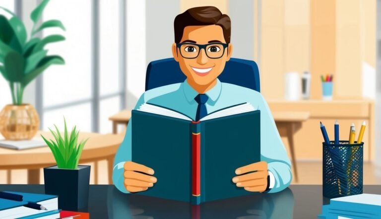 Smiling man in glasses reading a book at his desk