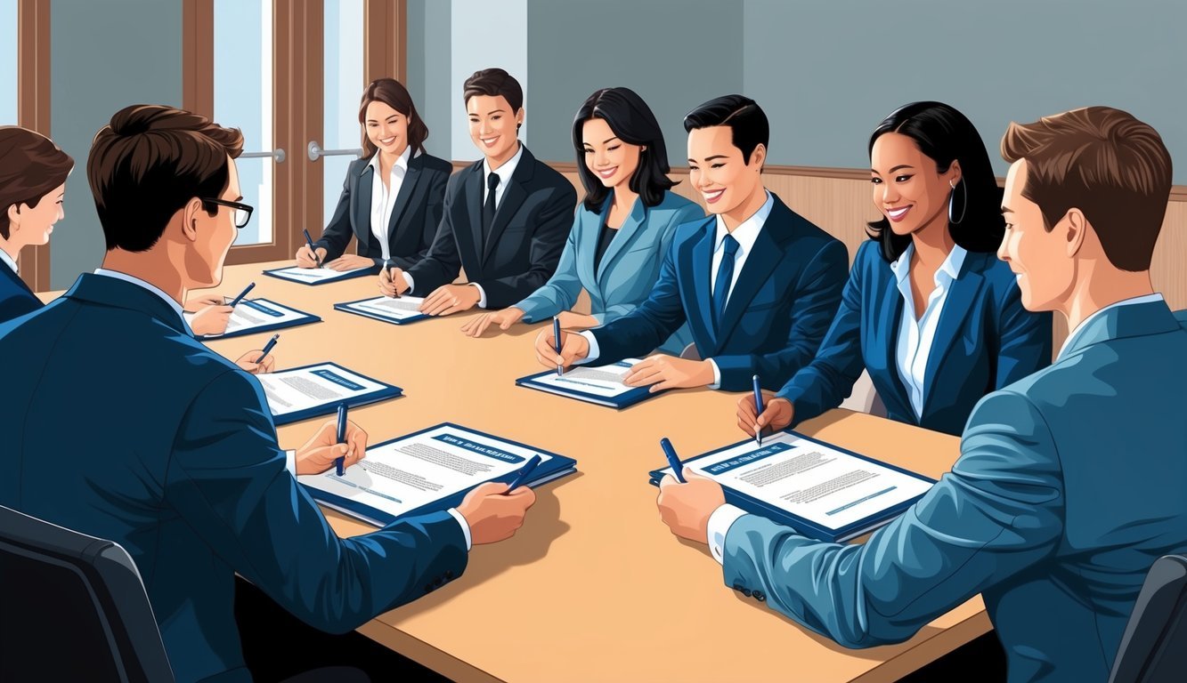 A group of new employees sitting at a table, receiving and signing employee handbooks during an onboarding session