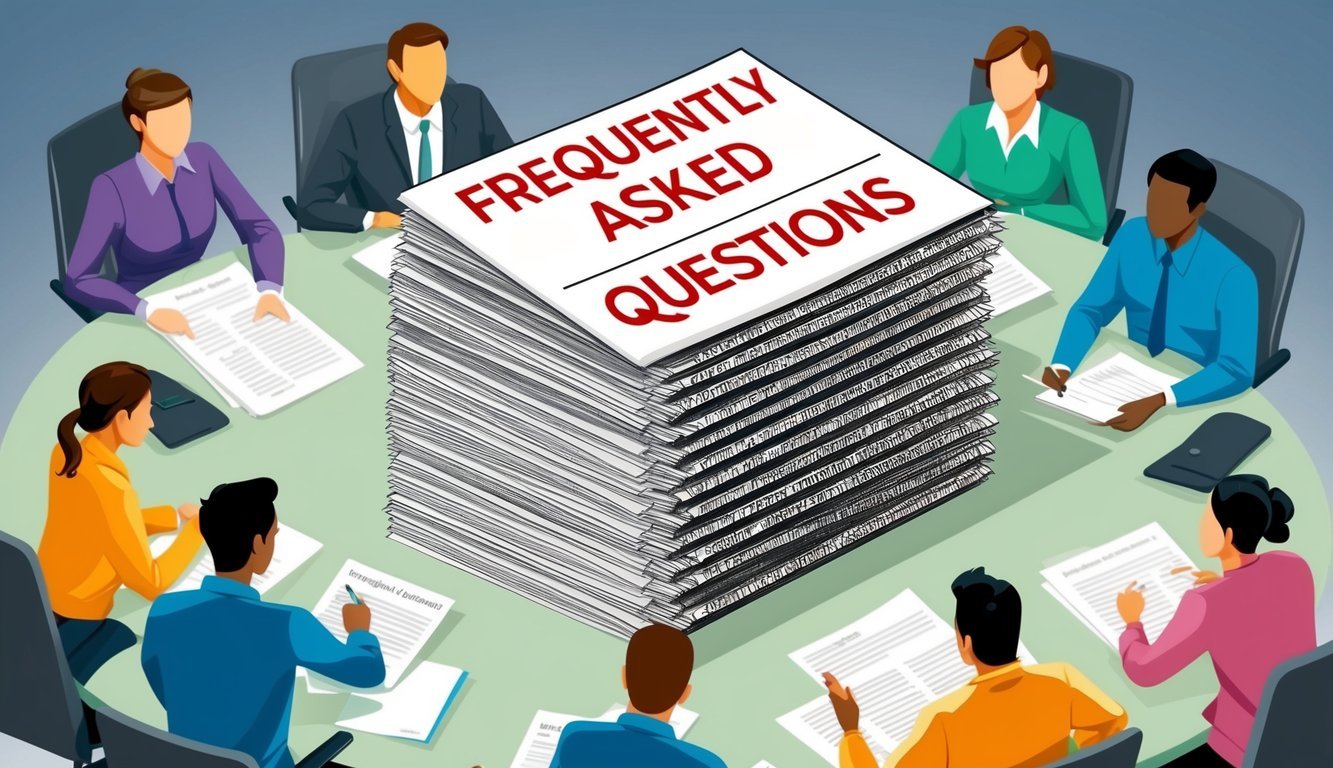 A stack of papers with "Frequently Asked Questions" and "Employee Engagement Articles" surrounded by a group of people discussing and brainstorming