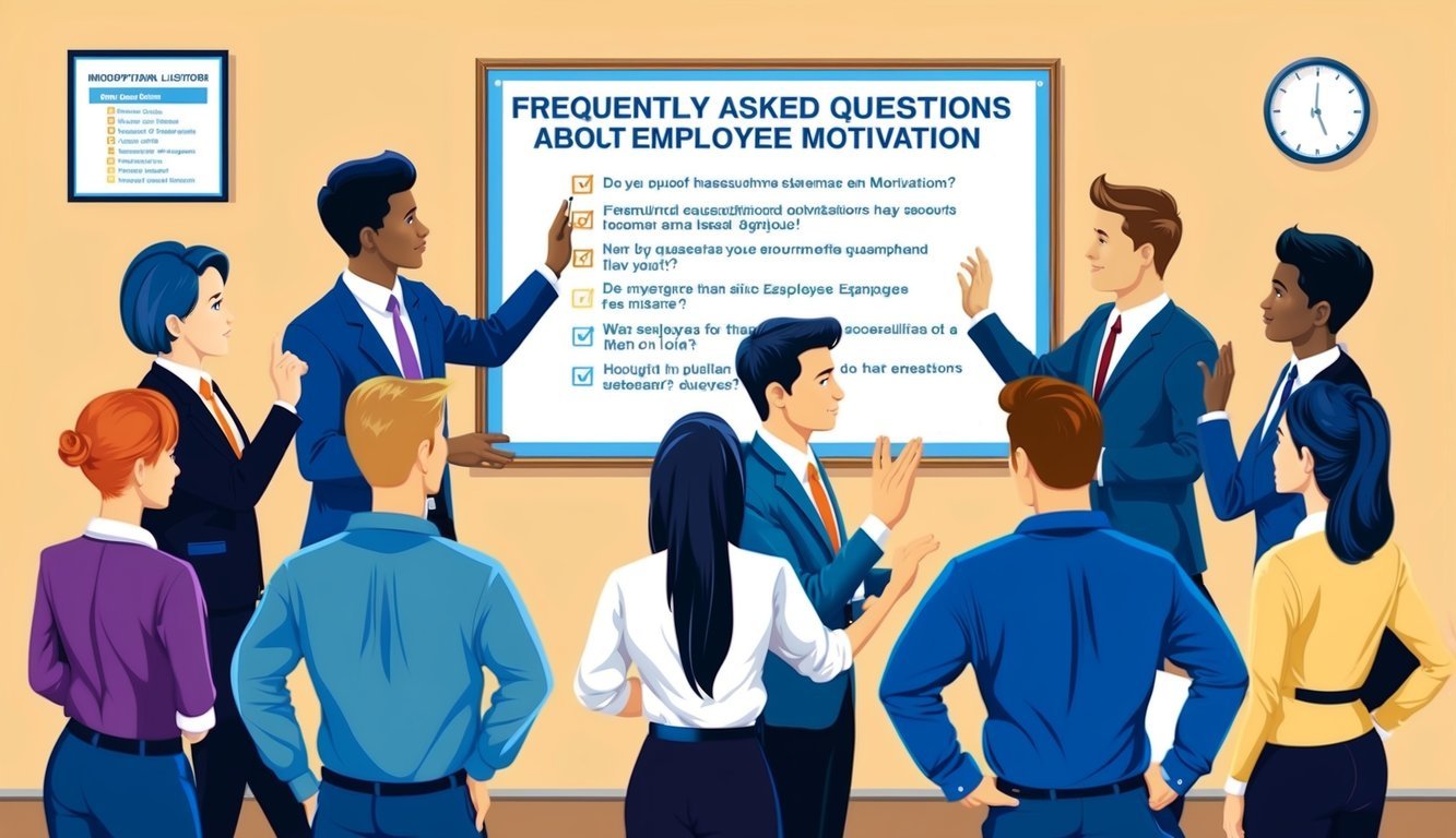 A group of employees gathered around a bulletin board with a list of frequently asked questions about employee motivation