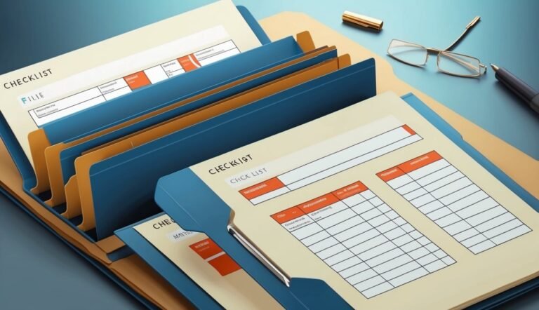 Open file folders with checklists, pen, glasses, and a gold pen holder