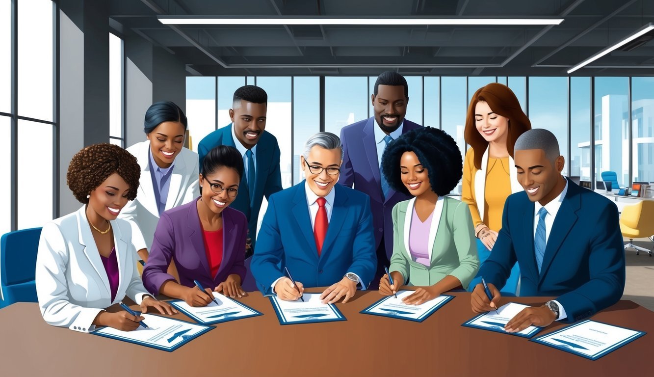 A group of diverse people signing documents in a modern office setting