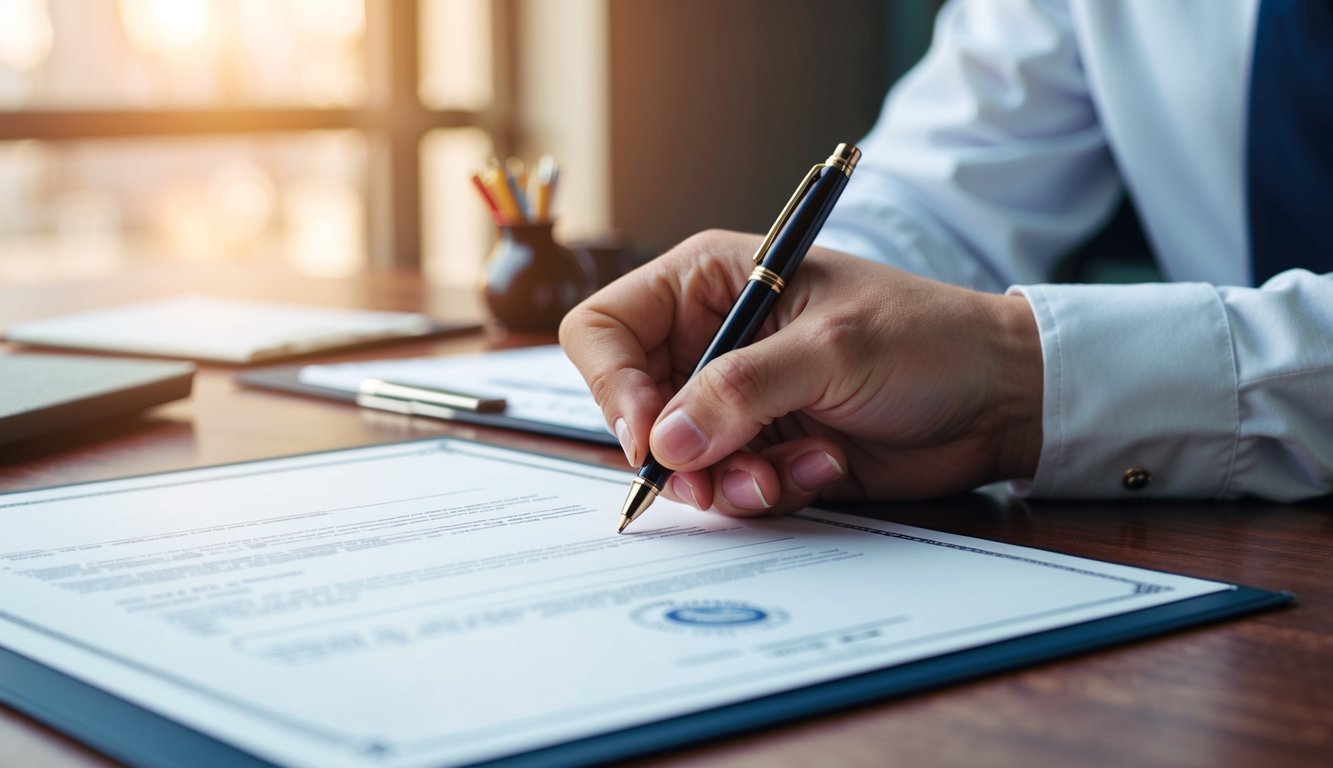 A hand holding a pen, signing a document on a desk